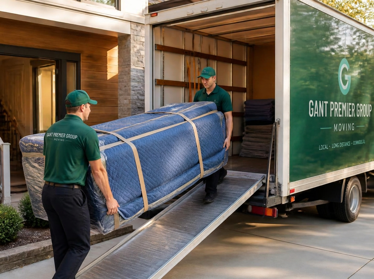 Uniformed movers loading a padded, wrapped sofa into a Gant Premier Group moving truck